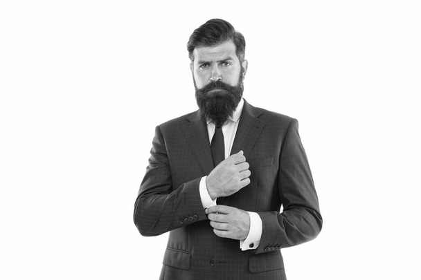 Handsome hipster expensive clothes white background. Menswear concept. Fashion boutique. Elevate your daytime look with suit. Successful man in suit. Business man wear suit. Serious bearded man - Photo, Image