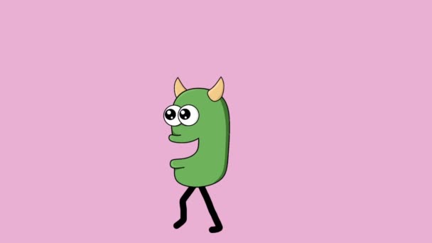 animated video of cute green monster character walking - Footage, Video