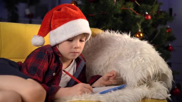 un petit garçon dans un chapeau de Noël écrit une lettre au Père Noël couché sur le canapé près du sapin de Noël - Séquence, vidéo