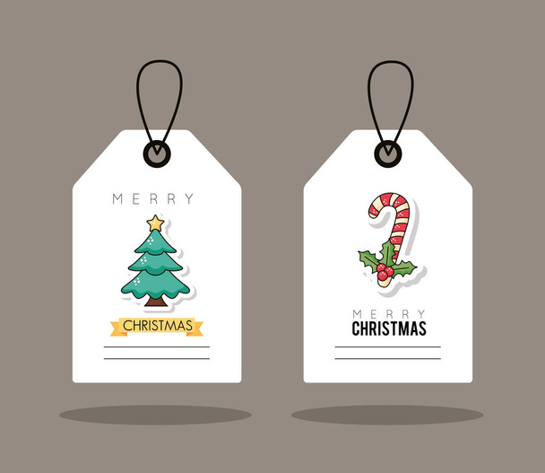 Χριστουγεννιάτικες ετικέτες πώλησης κρέμονται με πεύκο και ζαχαροκάλαμο - Διάνυσμα, εικόνα