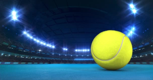 Tennis Arena moderne avec des lumières brillantes et le mouvement de balle sur le terrain bleu. Sport professionnel 4k fond vidéo édité comme boucle transparente. - Séquence, vidéo