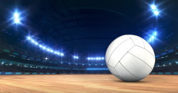 Arena moderne de volley-ball avec des lumières brillantes et mouvement de balle sur le terrain en bois. Sport professionnel 4k fond vidéo édité comme boucle transparente. - Séquence, vidéo