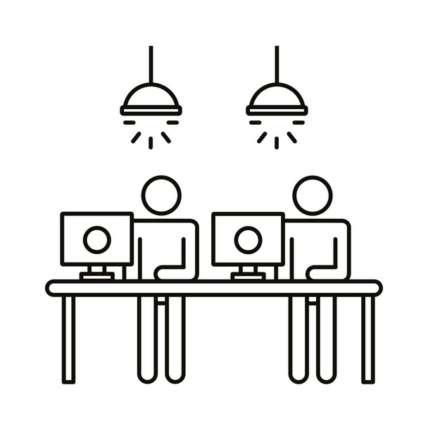 avatars couple travaillant dans les ordinateurs de bureau ligne de coworking icône de style - Vecteur, image
