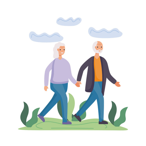 personas mayores activas pareja caminando en los personajes del campamento - Vector, imagen