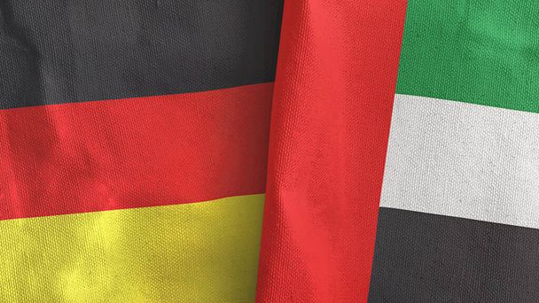 Yhdistyneet arabiemiirikunnat ja Saksa kaksi lippua tekstiili kangas 3D renderöinti - Valokuva, kuva