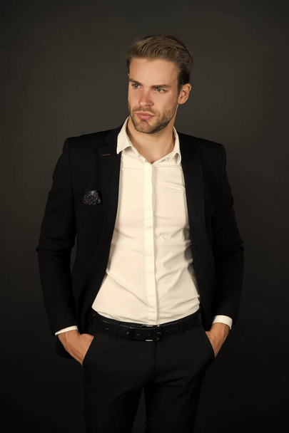 Confident and successful. Business coach dark background. Handsome man in business wear. Professional man in formal style. Business dress code. Fashion and style. Clothing for work. Business meeting - Fotografie, Obrázek