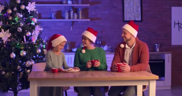 Bonne famille manger de savoureux biscuits au pain d'épice dans la cuisine la veille de Noël - Séquence, vidéo