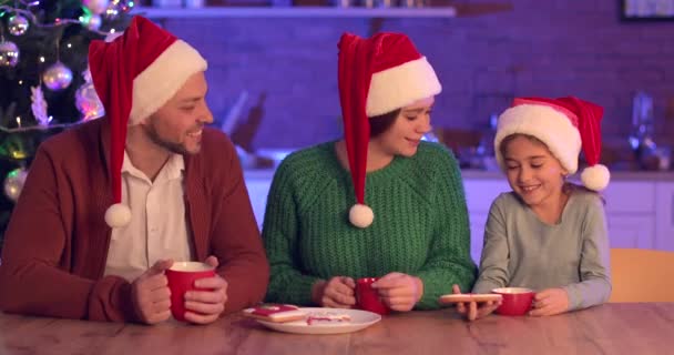 Ευτυχισμένη οικογένεια τρώει νόστιμα μπισκότα μελόψωμο στην κουζίνα την παραμονή των Χριστουγέννων - Πλάνα, βίντεο