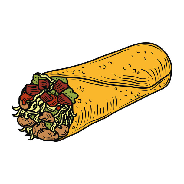mexican food burrito traditional vintage engraved color - Διάνυσμα, εικόνα