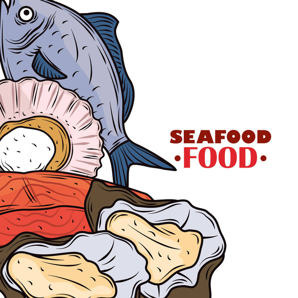 pescados y mariscos salmón mejillones y ostras menú gourmet fresco cartel - Vector, Imagen