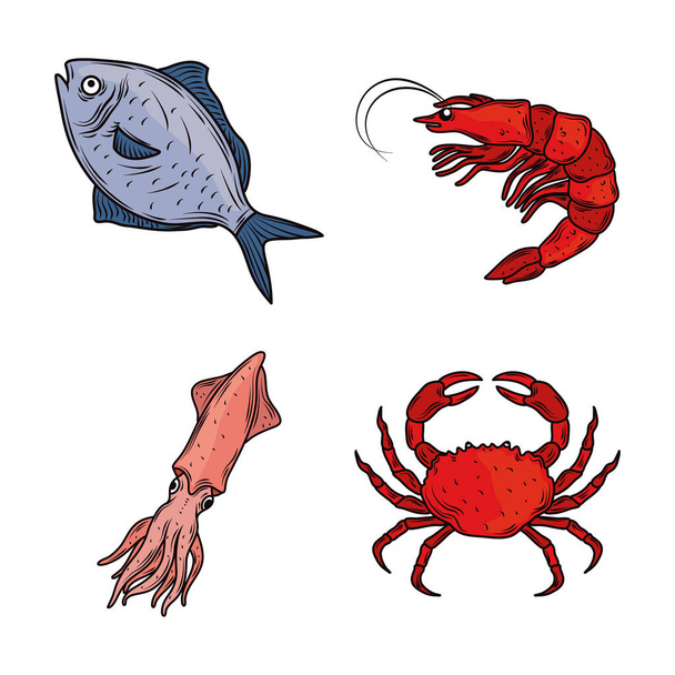 seafood fish crab squid shrimp menu gourmet fresh icon isolated image - ベクター画像