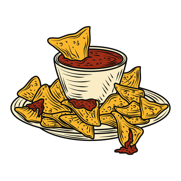 mexican food nachos with hot sauce in dish traditional vintage engraved color - Vetor, Imagem