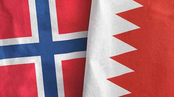Bahrein és Norvégia két zászló textil ruha 3D renderelés - Fotó, kép