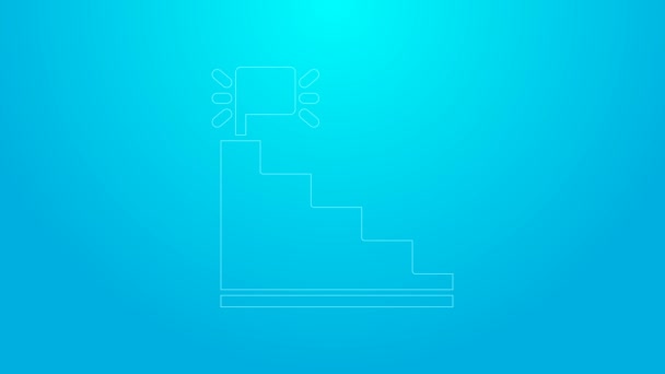 Roze lijn Trap met afwerking vlag pictogram geïsoleerd op blauwe achtergrond. Carrièregroei business concept. Concept van bedrijfsontwikkeling. 4K Video motion grafische animatie - Video