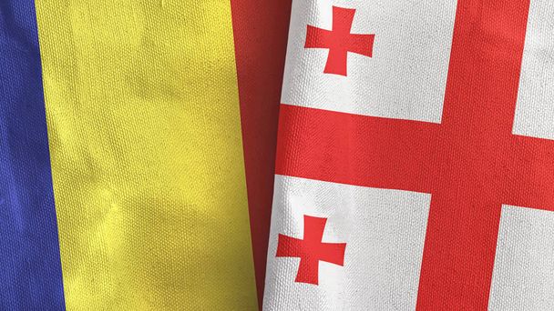 Georgia y Rumanía dos banderas de tela textil 3D renderizado - Foto, imagen
