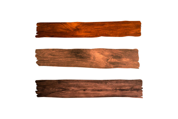vista de primer plano de tres tablones horizontales de madera aislados sobre fondo blanco con recorrido de recorte para diseño o trabajo - Foto, imagen