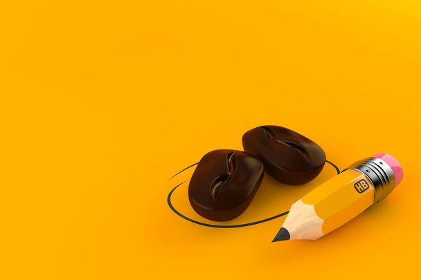 Grano de café con lápiz aislado sobre fondo naranja. ilustración 3d - Foto, Imagen