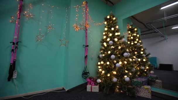 Χριστουγεννιάτικο δέντρο στα φώτα γυμναστήριο bokeh στο παρασκήνιο. - Πλάνα, βίντεο