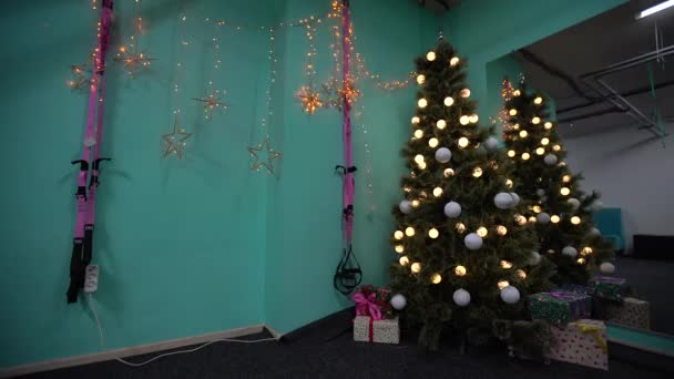 christmas tree at the gym lights bokeh in background. - Materiał filmowy, wideo