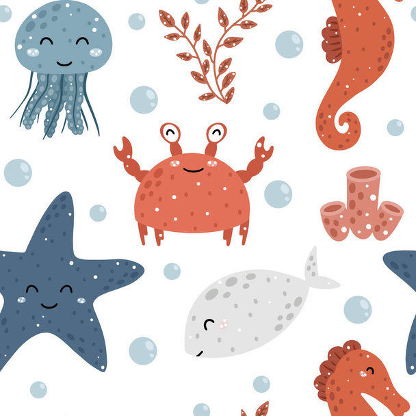 Lindo patrón marino infantil sin costura con cangrejo, medusas, caballitos de mar, estrellas de mar, algas marinas y burbujas de agua. Dibujado a mano estilo escandinavo vector ilustración. - Vector, imagen
