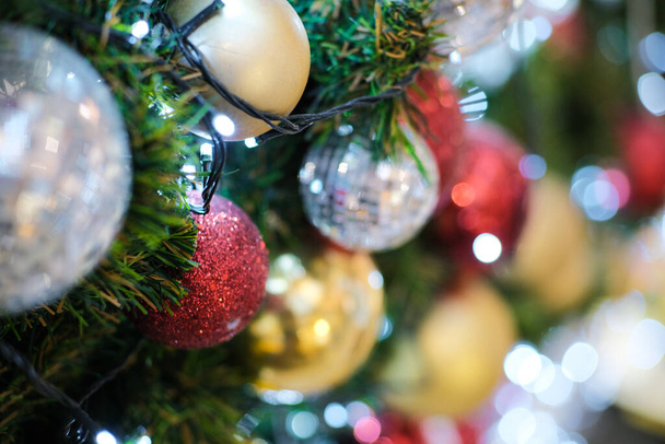 Christmas ball tree with blurred bokeh abstract background copy space merry Xmas Happy new year - Photo, Image