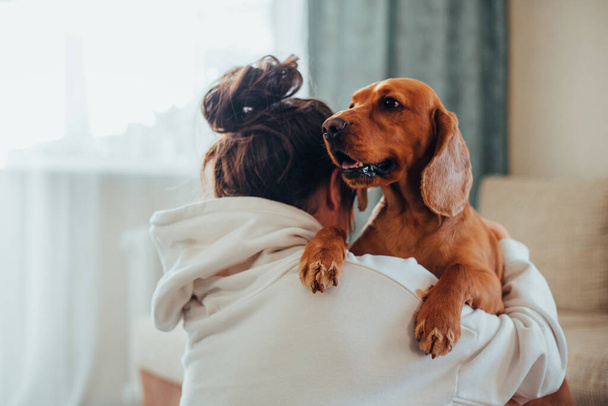 Eine Dame umarmte einen Cocker Spaniel Hund - Foto, Bild
