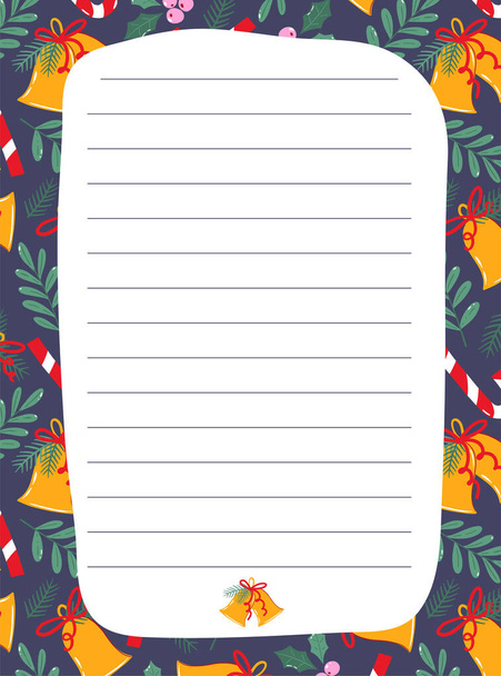 Pre-made Christmas stationary template for notes. Holiday theme  note paper with lines and cute frame with bells and greenery. To do list or organizer template design with Christmas decoration - Vector, Image