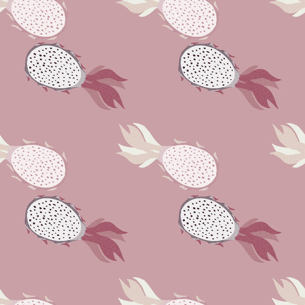 Pitahaya seamless doodle pattern with exotic fruit shapes. Pink pale background. Perfect for fabric design, textile print, wrapping, cover. Vector illustration. - Вектор,изображение