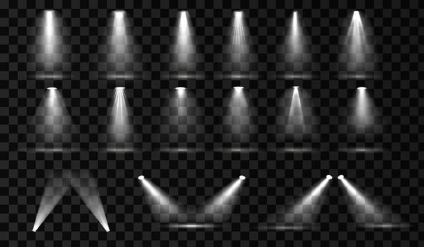Stage spotlight vector set. Spot light effect with transparent background. Scene illumination collection. Bight light beam - Vector, Image