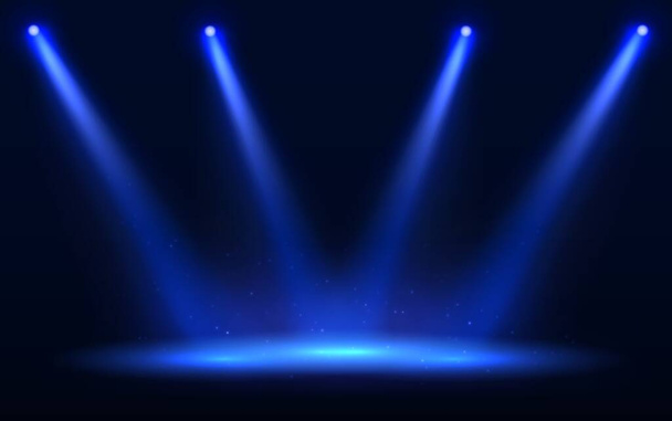 Stage spotlight vector illustration. Blue spot light effect with transparent background. Scene illumination with dark backdrop. Bight light beam - Vector, Image