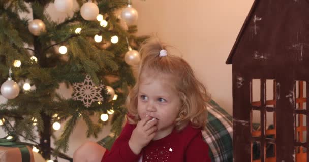 Schattige baby eten snoep op kerstavond en plezier hebben - Video