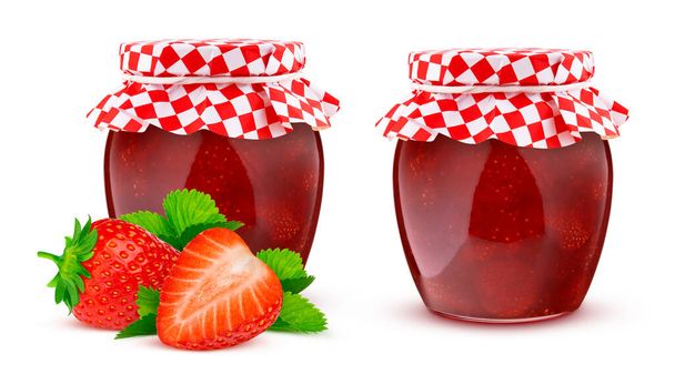 Jar of strawberry fruit jam isolated on white background - Photo, Image