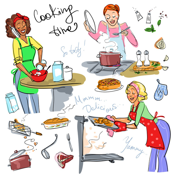 nők, konyha, főzés - Vektor, kép