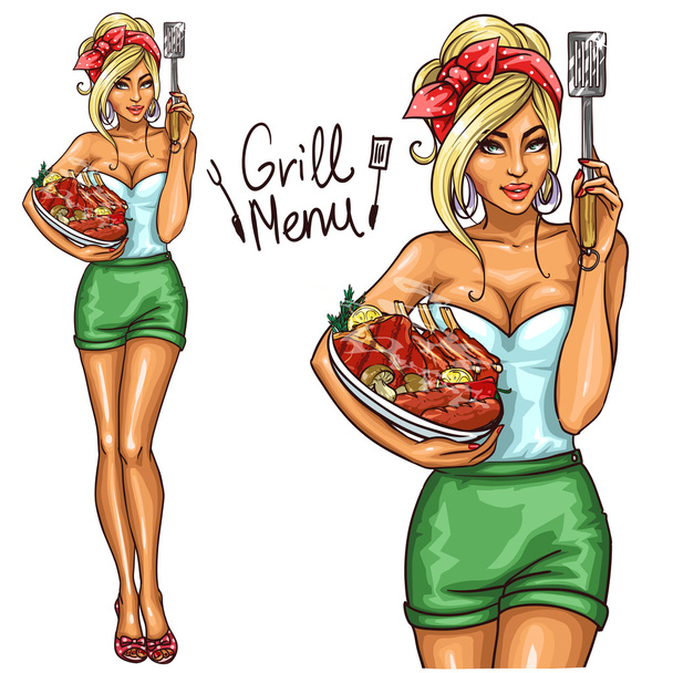 Woman holding Meat Plate - Vector, Image