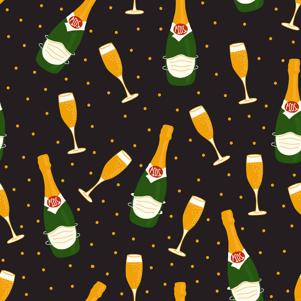 2021 Capodanno bottiglie di champagne celebrazione indossando maschere contro modello vettoriale Covid. Alcol, flauti, coriandoli, stelle su sfondo nero e dorato. 2021 Coronavirus Nuovo Anno design - Vettoriali, immagini