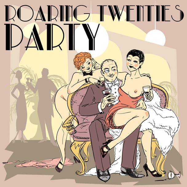 Rich man with two nude flapper girls - Vector, Image