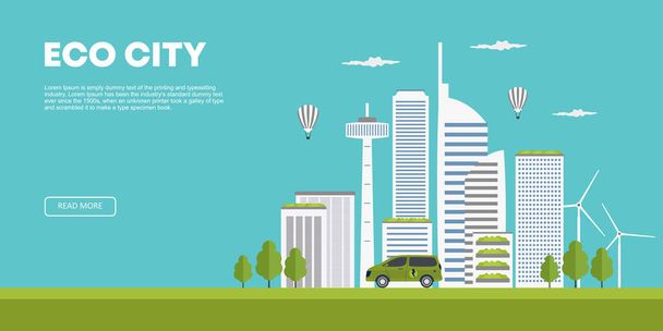 Ecology concept. Modern city and developed agriculture. Green eco city flat cartoon vector illustration isometric natural energy sources for urban life. Futuristic IOT city using wind power energy. - Vektor, kép