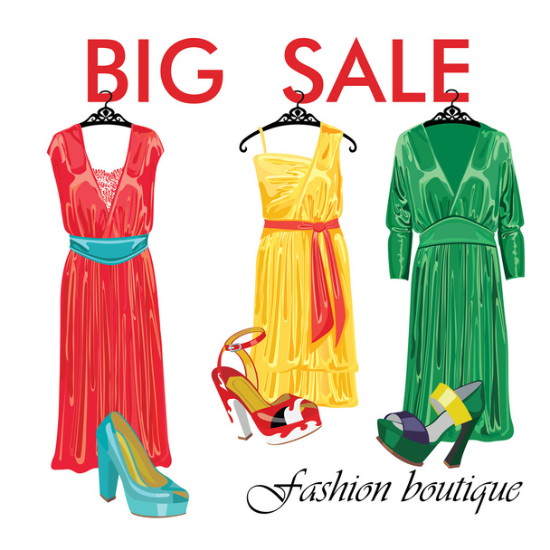 Three silk dresses and open shoes.Fashion boutique sale - Διάνυσμα, εικόνα