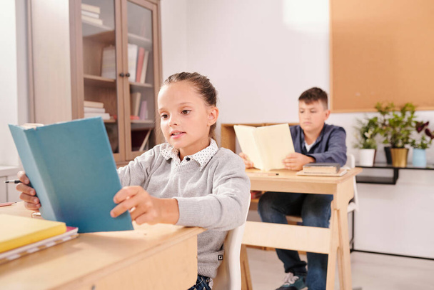 Schattig slim en ijverig schoolmeisje en haar klasgenoot achter het lezen van boeken tijdens het werken individueel op de les van de literatuur in grote klas - Foto, afbeelding