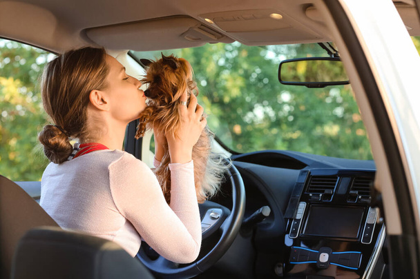Γυναίκα με χαριτωμένο σκυλί στο σύγχρονο αυτοκίνητο - Φωτογραφία, εικόνα