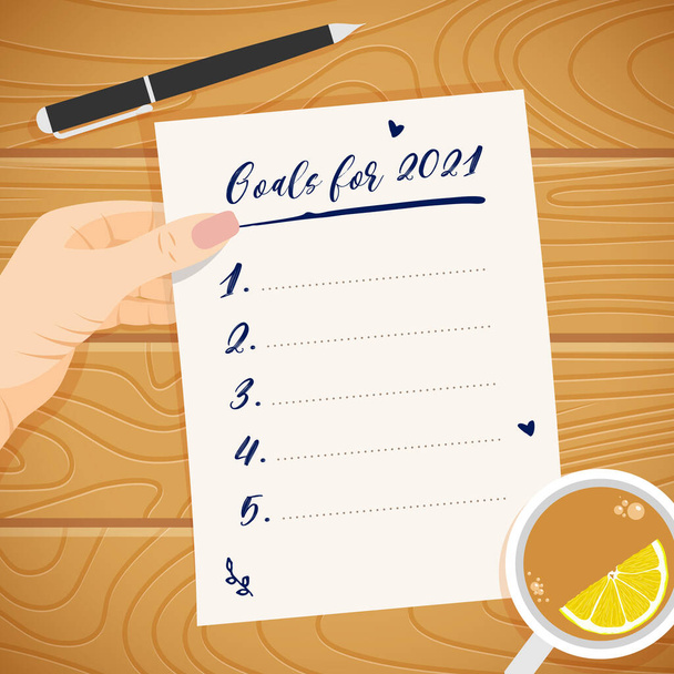 New year 2021 goals concept. Blank list of plans resolution template in woman hand. To do list for New Year. Personal scheduling, mission success flat design vector illustration. - Wektor, obraz