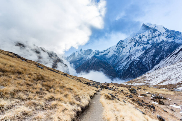 Вид на гору Мачапучаре з Непалу означає Фішталева гора, Аннапурна заповідна зона, Гімалая, Непал.. - Фото, зображення