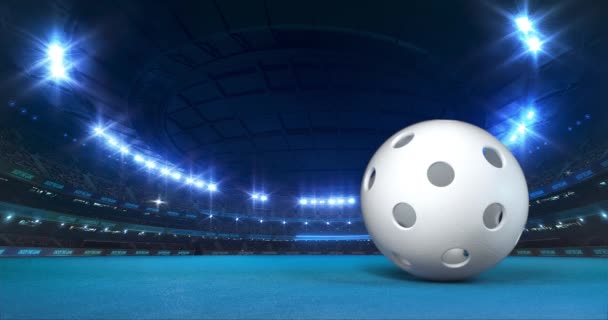 Moderne Floorball Arena avec des lumières brillantes et le mouvement de balle sur le terrain de jeu bleu. Sport professionnel 4k fond vidéo édité comme boucle transparente. - Séquence, vidéo
