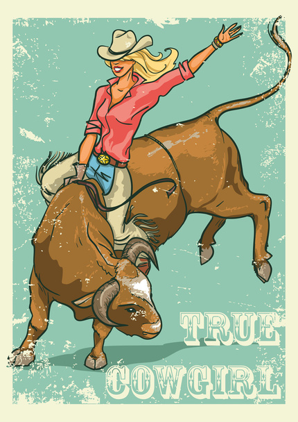 Rodeo Cowgirl cavalcando un toro, Poster in stile retrò - Vettoriali, immagini