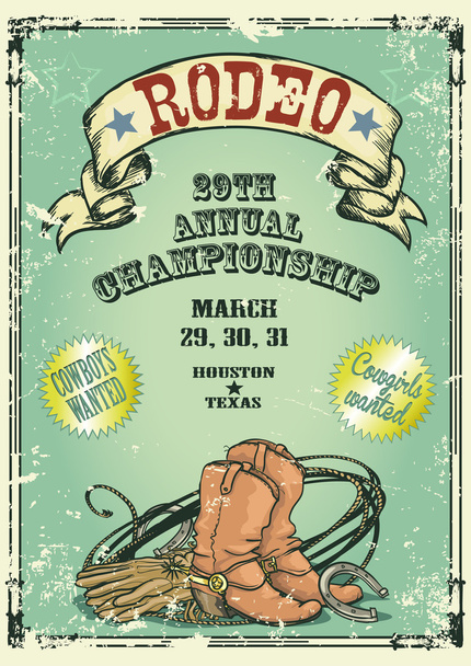 Плакат чемпионата по родео в стиле ретро с ковбойским материалом
 - Вектор,изображение