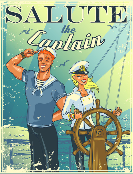 Nautical poster with happy crew - Vector, Image