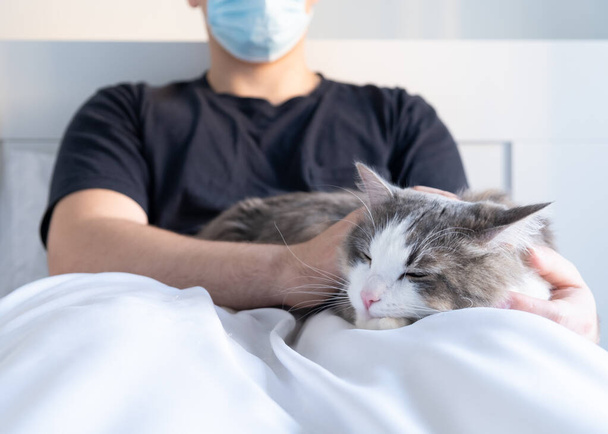 ベッドルームでアレルギーを患っている猫を持つ若い男 - 写真・画像