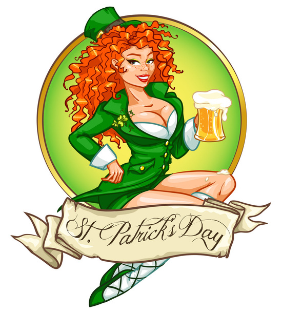Leprechaun girl with beer, St. Patrick's Day - Vector, Image