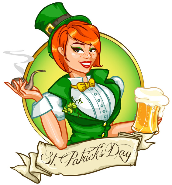 Haltijatyttö oluen ja piipun kanssa, Pyhän Patrickin päivä
 - Vektori, kuva