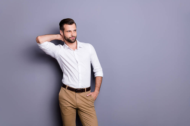 Portrait of charming attractive virile fancy man collar economist touch hand neck look copyspace wear white shirt pants isolated over gray color background - Φωτογραφία, εικόνα